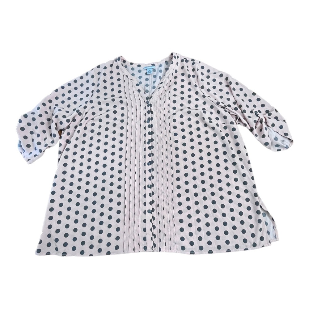 Catherines Light Pink and Grey Polka Dot Button Up Blouse Size 3X